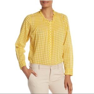 J Crew Yellow Gingham Pleated Bib Ruffle Trim Shirt Size Small